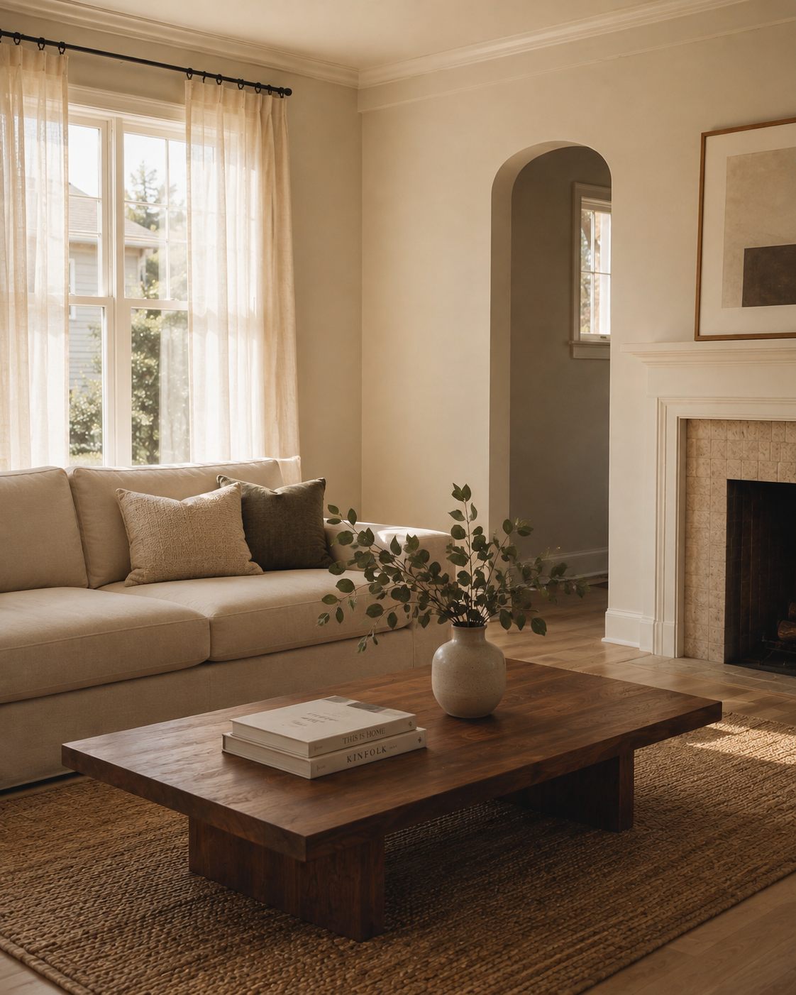 The same living room staged with a linen sofa, walnut table, and sheer curtains